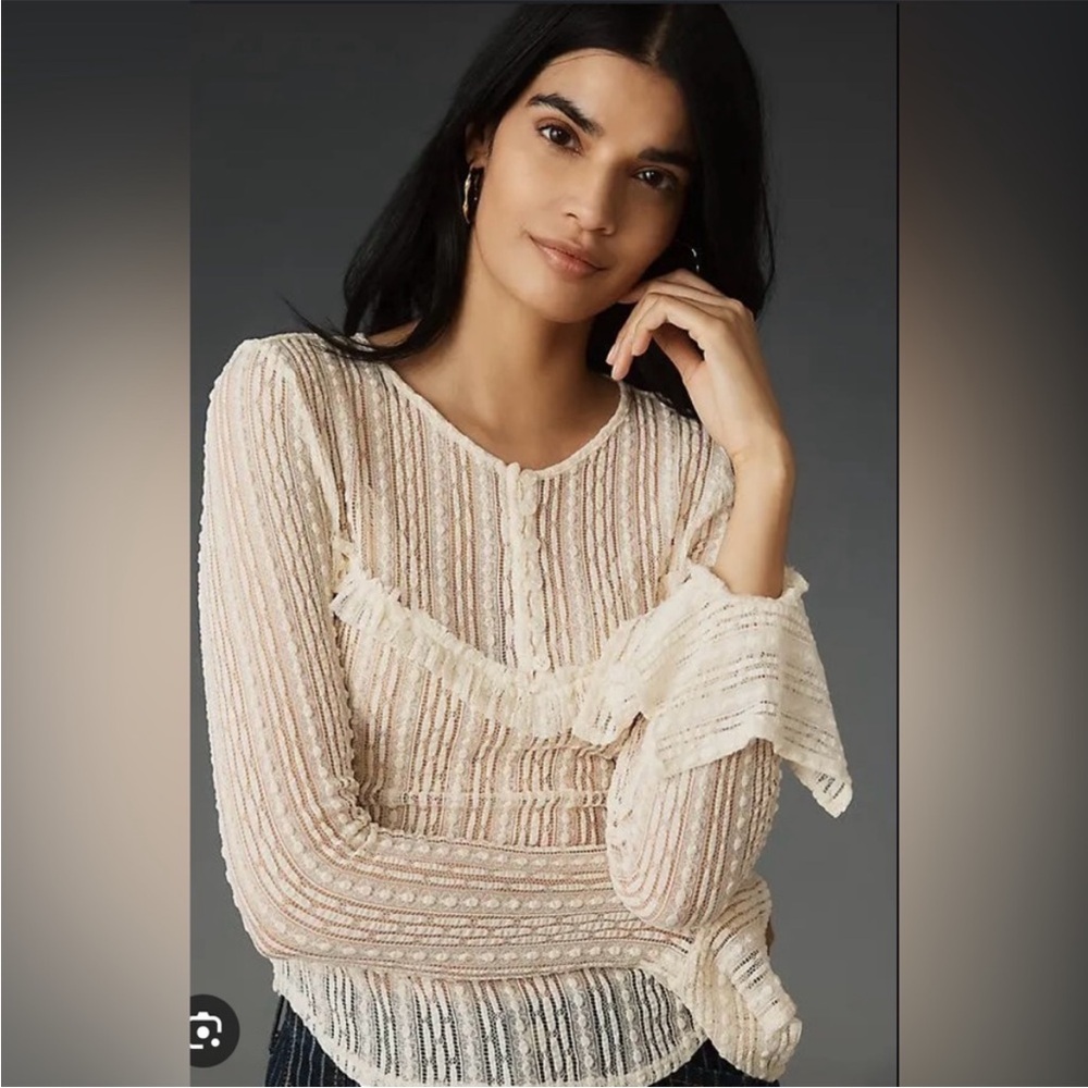 Anthropologie Cream Textured Blouse elastic stretch vintage sheer lace top